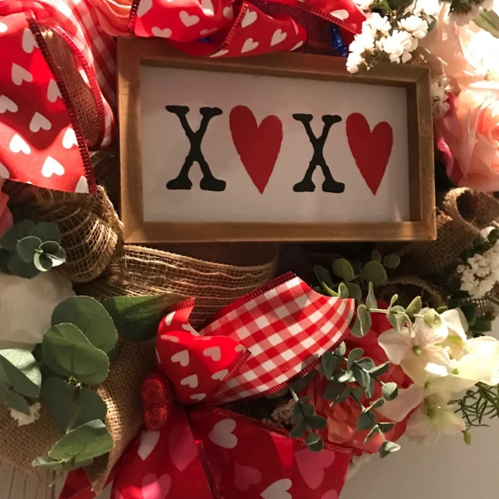 Valentines Wreath Hand Crafted LOVE Burlap Kisses Hugs FINAL SALE